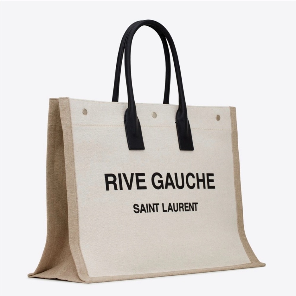 YSL Rive Gauche Large Tote Bag In Printed Canvas And Leather Lin Blanc Like New - Picture 6 of 17